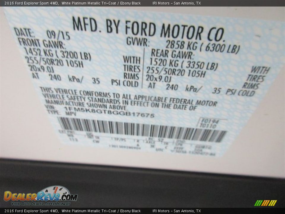 2016 Ford Explorer Sport 4WD White Platinum Metallic Tri-Coat / Ebony Black Photo #20