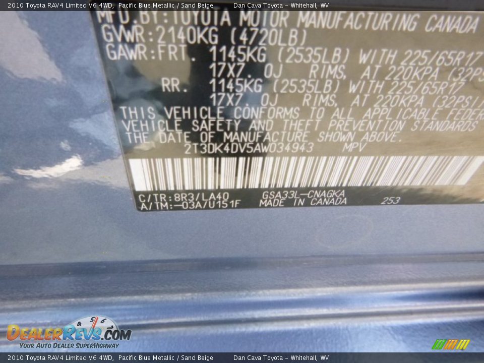 2010 Toyota RAV4 Limited V6 4WD Pacific Blue Metallic / Sand Beige Photo #15