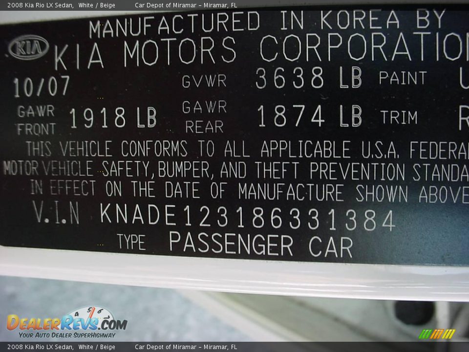 2008 Kia Rio LX Sedan White / Beige Photo #17
