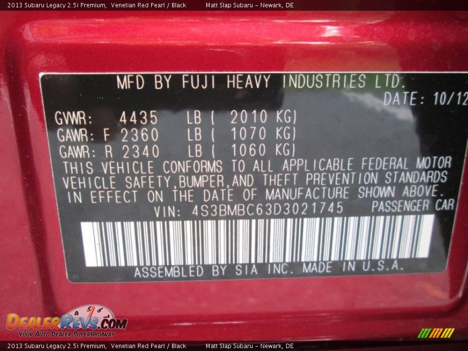 2013 Subaru Legacy 2.5i Premium Venetian Red Pearl / Black Photo #28