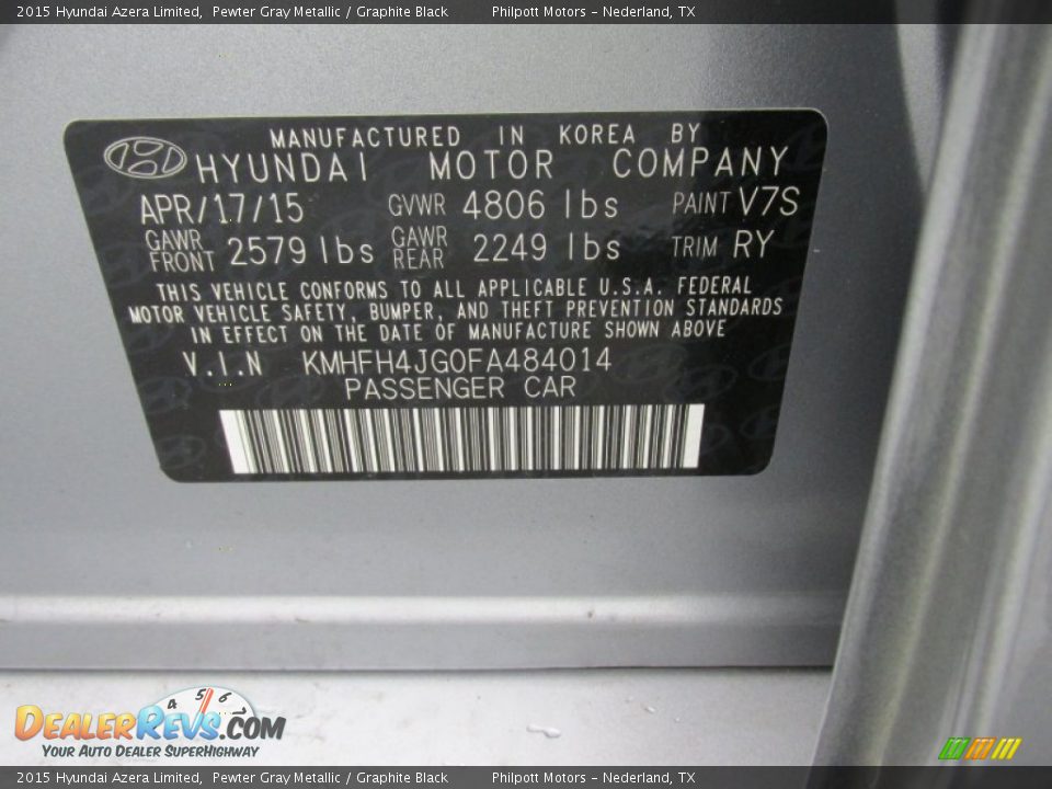 2015 Hyundai Azera Limited Pewter Gray Metallic / Graphite Black Photo #36