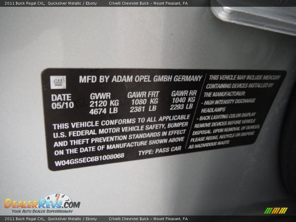 2011 Buick Regal CXL Quicksilver Metallic / Ebony Photo #33
