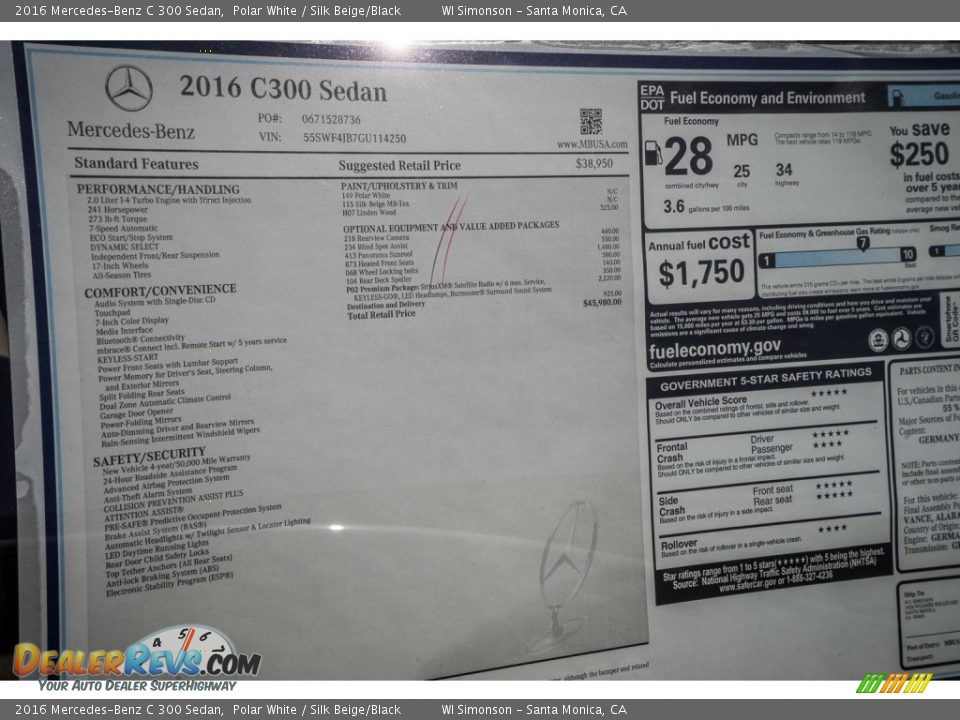 2016 Mercedes-Benz C 300 Sedan Polar White / Silk Beige/Black Photo #11