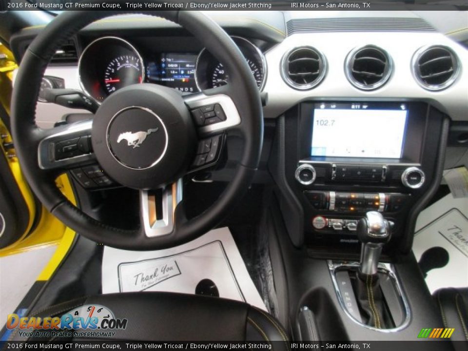 2016 Ford Mustang GT Premium Coupe Triple Yellow Tricoat / Ebony/Yellow Jacket Stitching Photo #11
