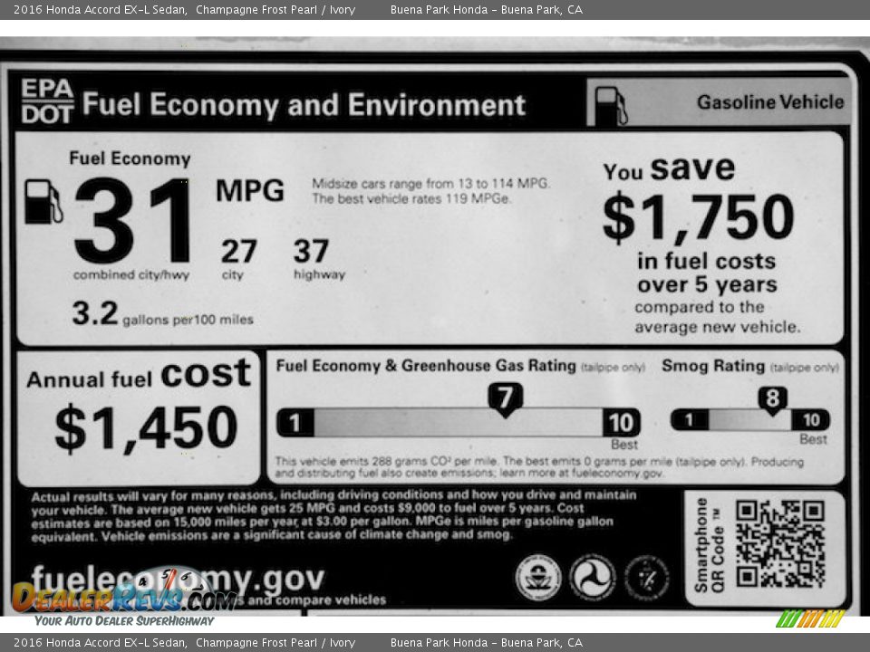 2016 Honda Accord EX-L Sedan Champagne Frost Pearl / Ivory Photo #20