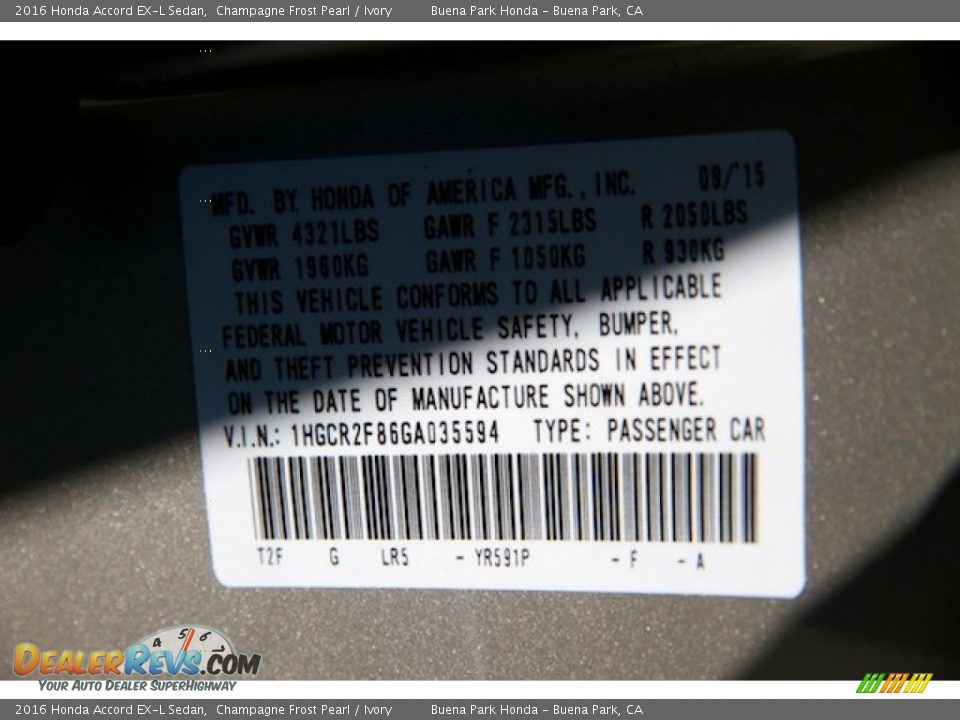 2016 Honda Accord EX-L Sedan Champagne Frost Pearl / Ivory Photo #22