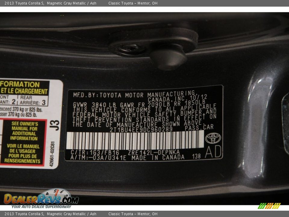 2013 Toyota Corolla S Magnetic Gray Metallic / Ash Photo #18