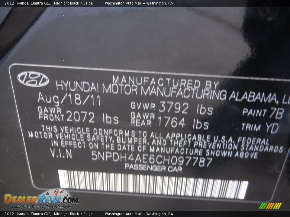 2012 Hyundai Elantra GLS Midnight Black / Beige Photo #19