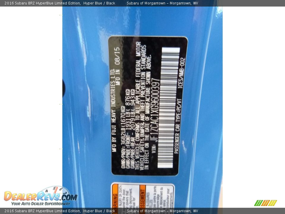 Info Tag of 2016 Subaru BRZ HyperBlue Limited Edition Photo #14