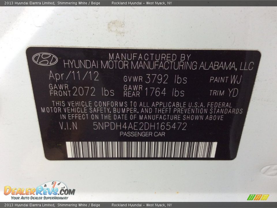 2013 Hyundai Elantra Limited Shimmering White / Beige Photo #30