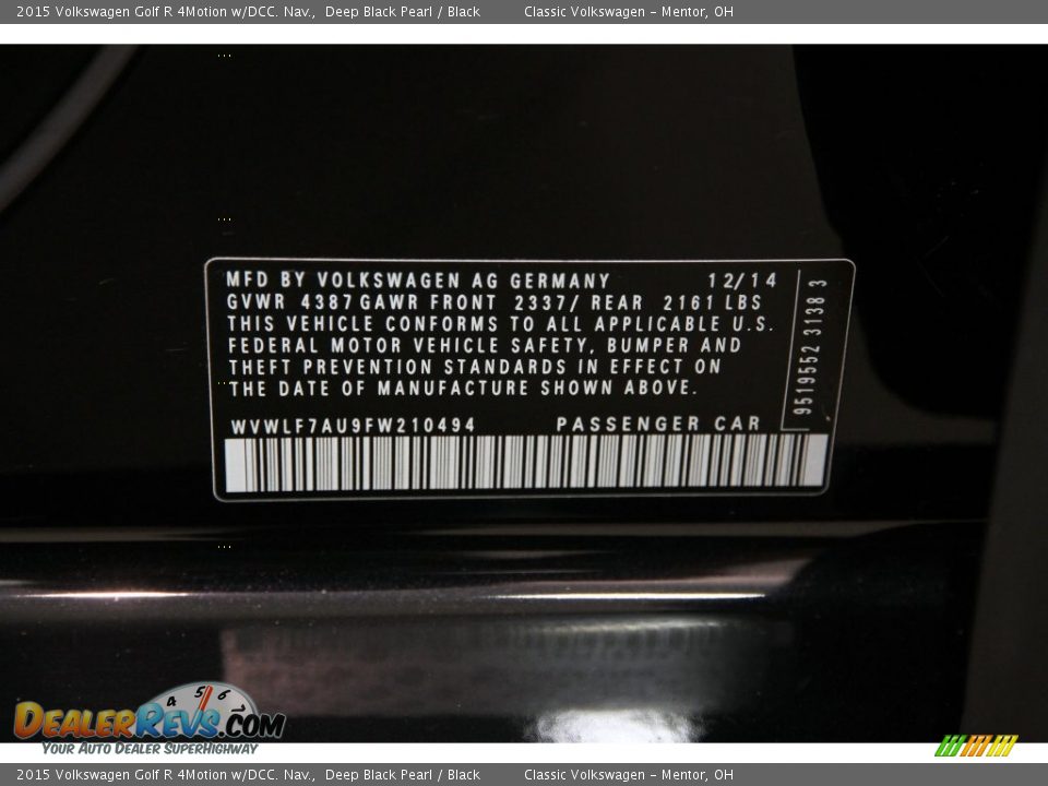 Info Tag of 2015 Volkswagen Golf R 4Motion w/DCC. Nav. Photo #19