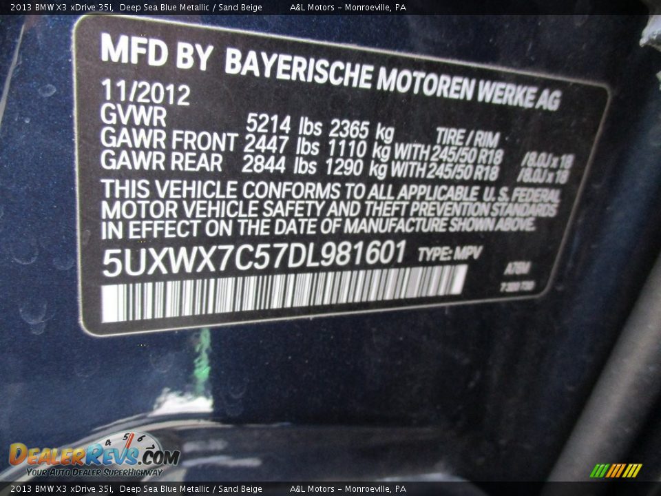 2013 BMW X3 xDrive 35i Deep Sea Blue Metallic / Sand Beige Photo #19