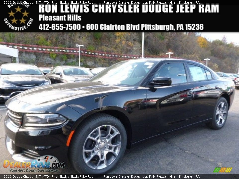 2016 Dodge Charger SXT AWD Pitch Black / Black/Ruby Red Photo #1