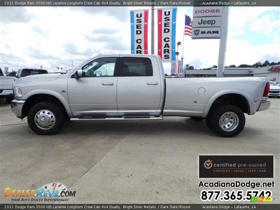 2012 Dodge Ram 3500 HD Laramie Longhorn Crew Cab 4x4 Dually Bright Silver Metallic / Dark Slate/Russet Photo #3