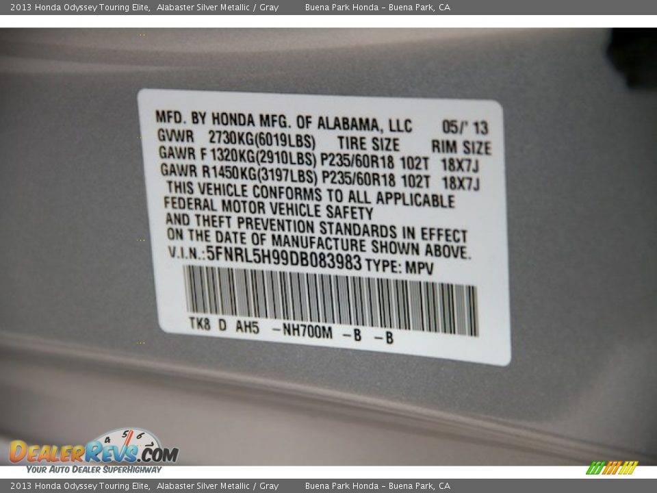 2013 Honda Odyssey Touring Elite Alabaster Silver Metallic / Gray Photo #34