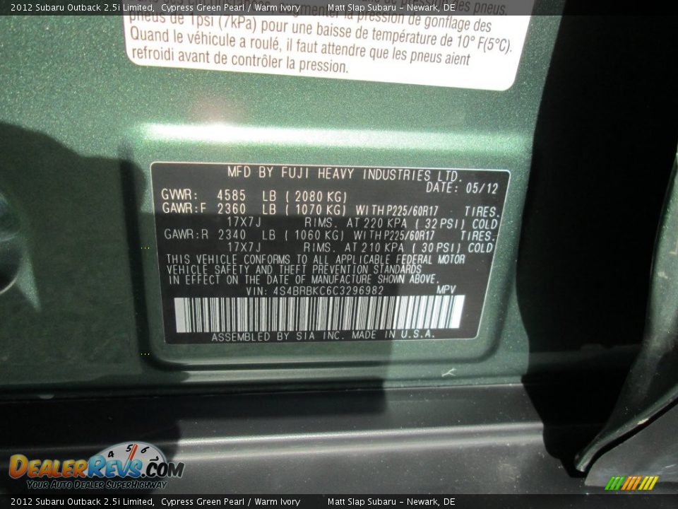 2012 Subaru Outback 2.5i Limited Cypress Green Pearl / Warm Ivory Photo #30
