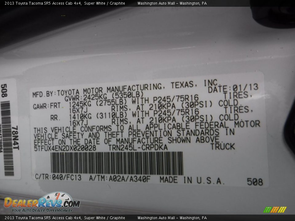 2013 Toyota Tacoma SR5 Access Cab 4x4 Super White / Graphite Photo #19