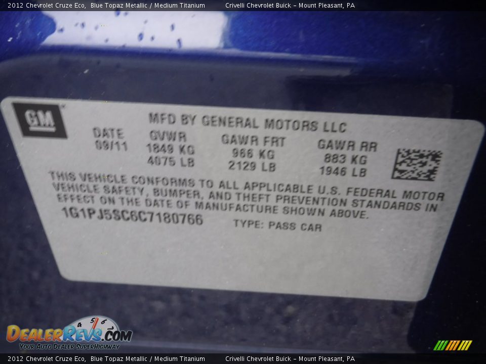 2012 Chevrolet Cruze Eco Blue Topaz Metallic / Medium Titanium Photo #25