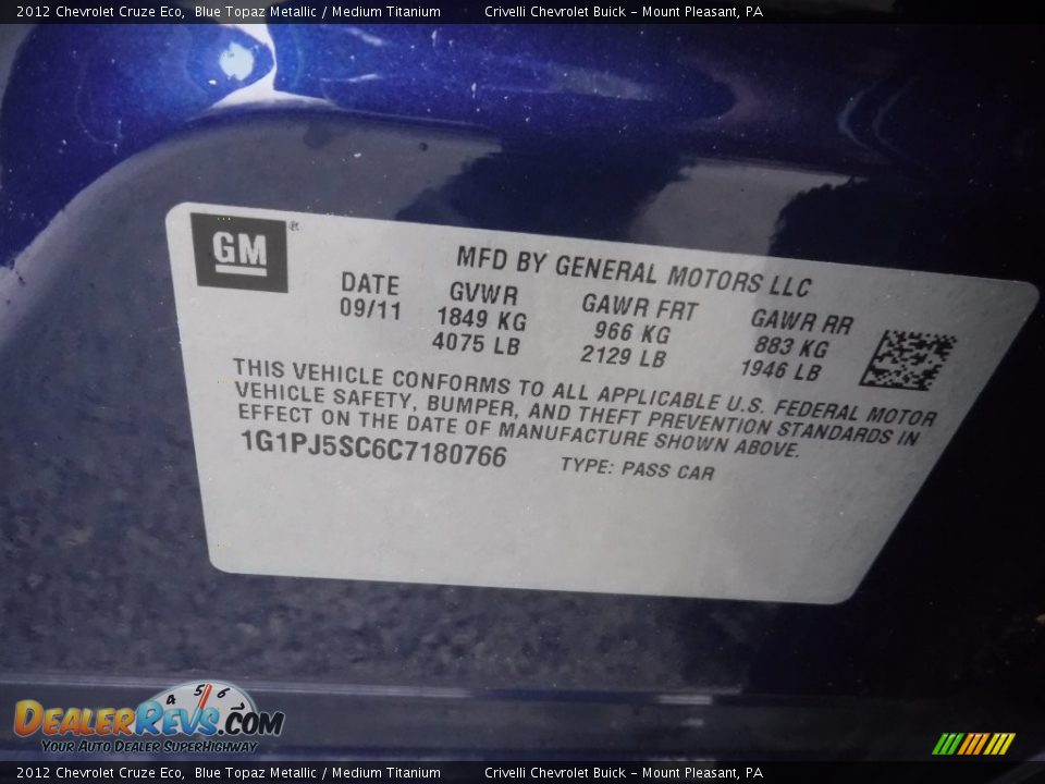 2012 Chevrolet Cruze Eco Blue Topaz Metallic / Medium Titanium Photo #28