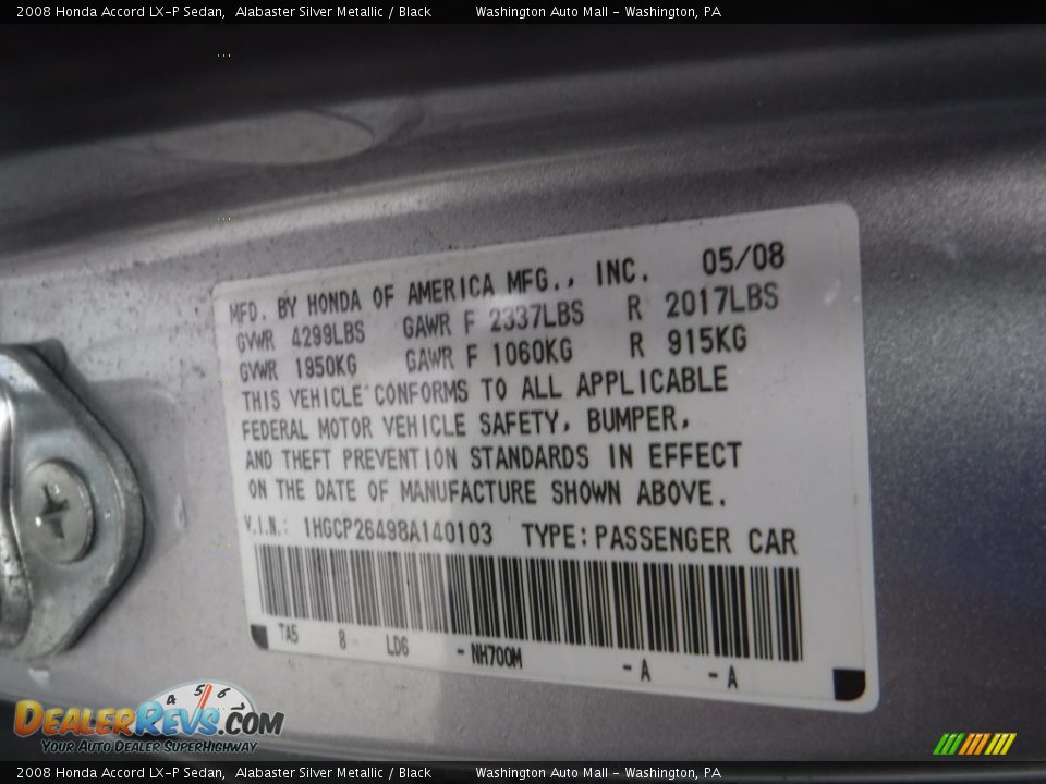 2008 Honda Accord LX-P Sedan Alabaster Silver Metallic / Black Photo #19