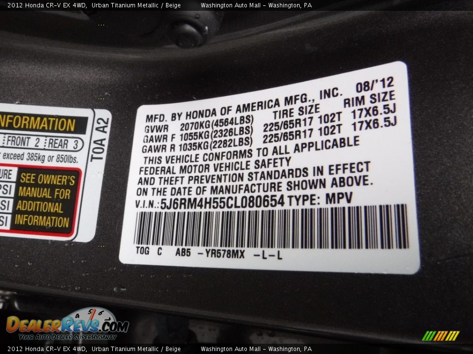 2012 Honda CR-V EX 4WD Urban Titanium Metallic / Beige Photo #19
