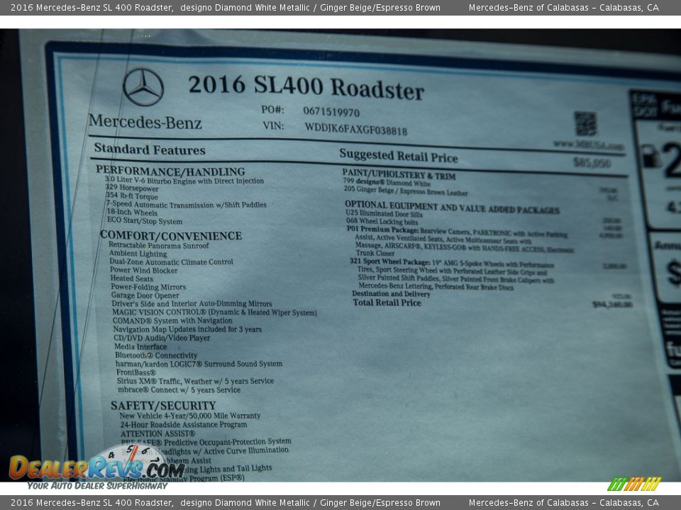 2016 Mercedes-Benz SL 400 Roadster Window Sticker Photo #10