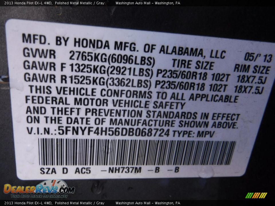 2013 Honda Pilot EX-L 4WD Polished Metal Metallic / Gray Photo #24