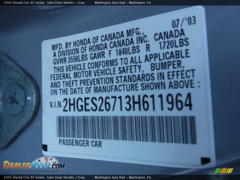 2003 Honda Civic EX Sedan Satin Silver Metallic / Gray Photo #10