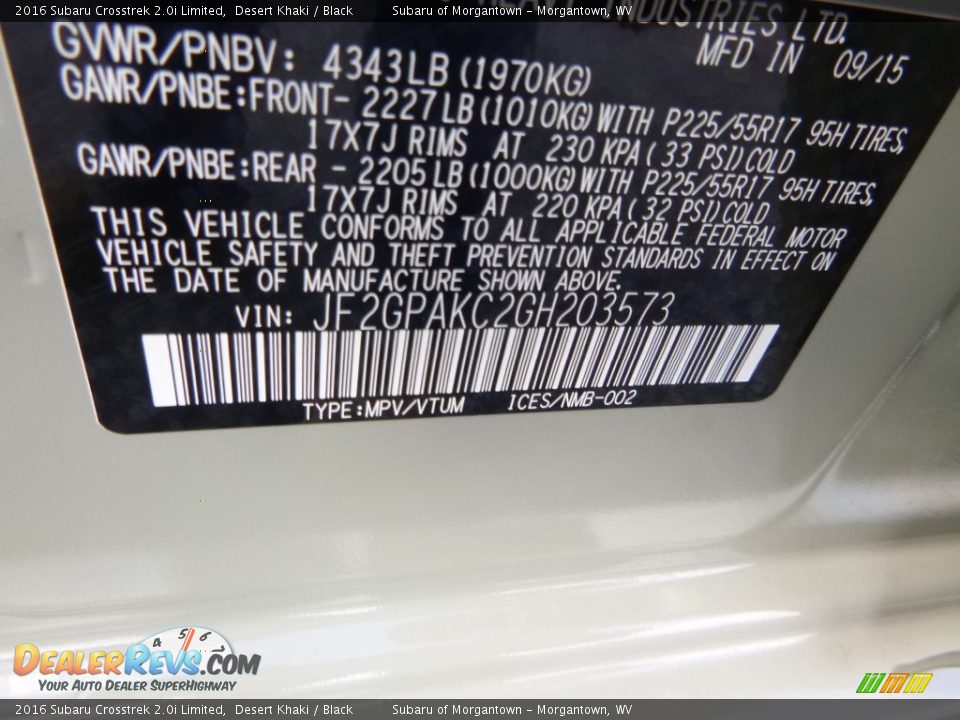 2016 Subaru Crosstrek 2.0i Limited Desert Khaki / Black Photo #15