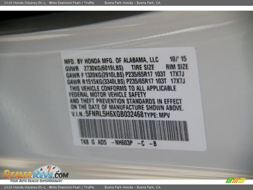 2016 Honda Odyssey EX-L White Diamond Pearl / Truffle Photo #25