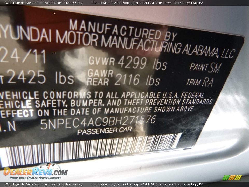 2011 Hyundai Sonata Limited Radiant Silver / Gray Photo #16