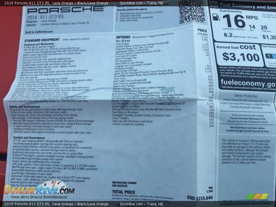 2016 Porsche 911 GT3 RS Window Sticker Photo #20