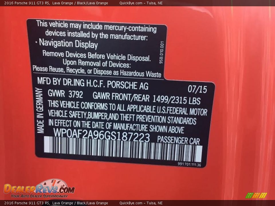 Info Tag of 2016 Porsche 911 GT3 RS Photo #21
