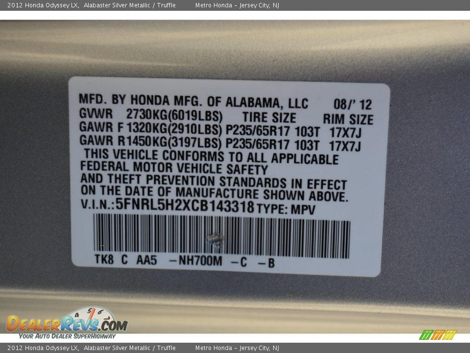 2012 Honda Odyssey LX Alabaster Silver Metallic / Truffle Photo #28