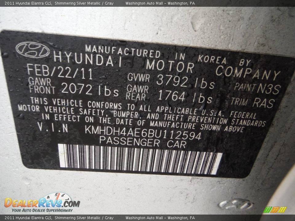 2011 Hyundai Elantra GLS Shimmering Silver Metallic / Gray Photo #19