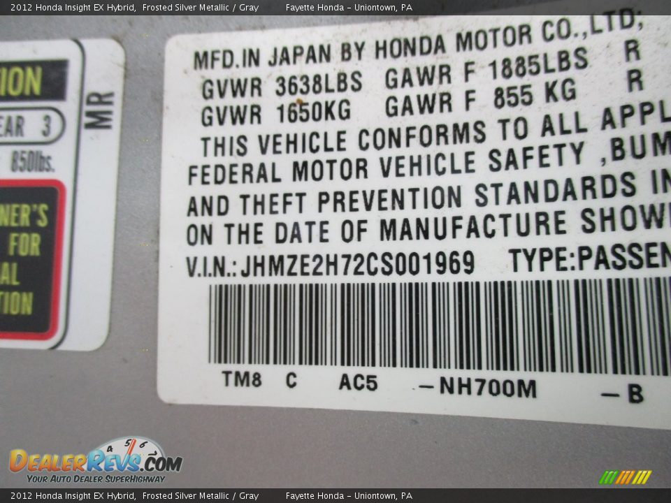 2012 Honda Insight EX Hybrid Frosted Silver Metallic / Gray Photo #10
