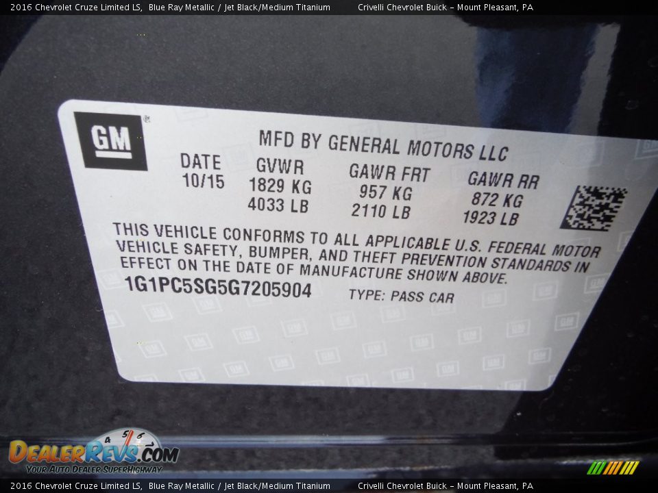 2016 Chevrolet Cruze Limited LS Blue Ray Metallic / Jet Black/Medium Titanium Photo #15