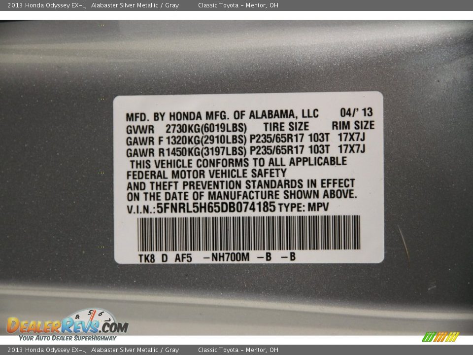 2013 Honda Odyssey EX-L Alabaster Silver Metallic / Gray Photo #28