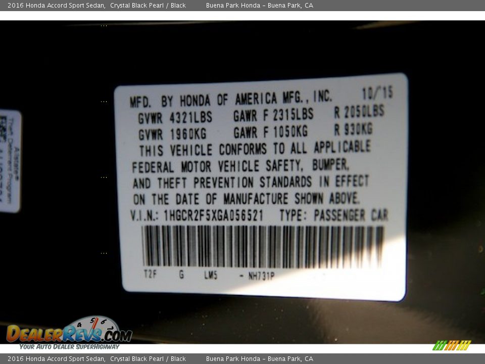 2016 Honda Accord Sport Sedan Crystal Black Pearl / Black Photo #18
