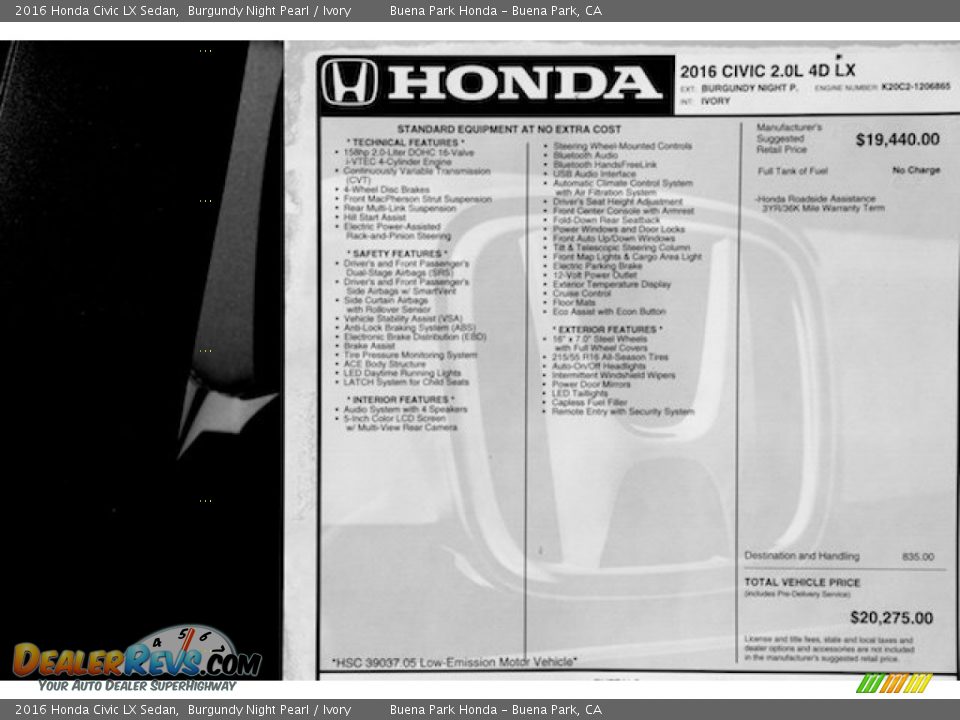 2016 Honda Civic LX Sedan Window Sticker Photo #16