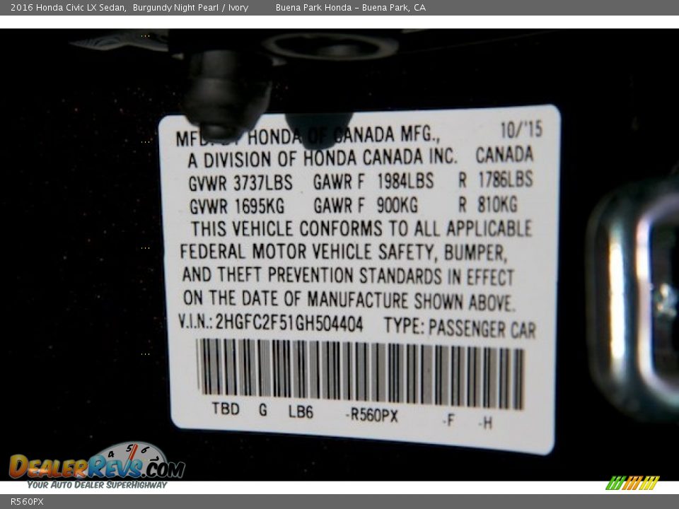 Honda Color Code R560PX Burgundy Night Pearl