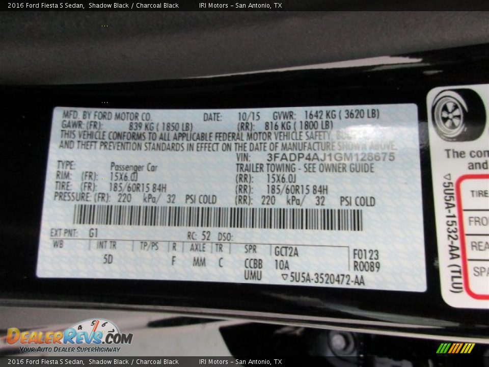 2016 Ford Fiesta S Sedan Shadow Black / Charcoal Black Photo #16