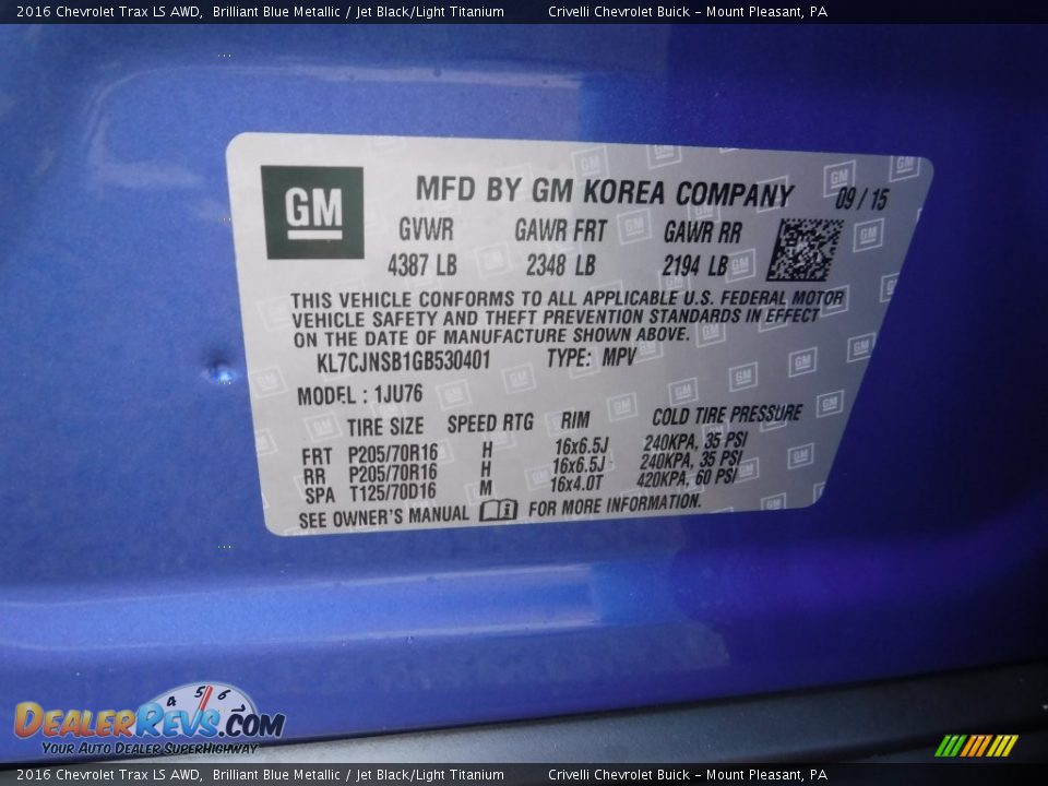 2016 Chevrolet Trax LS AWD Brilliant Blue Metallic / Jet Black/Light Titanium Photo #20