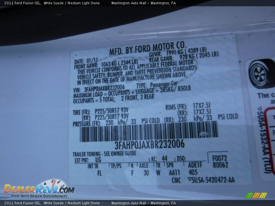 2011 Ford Fusion SEL White Suede / Medium Light Stone Photo #19