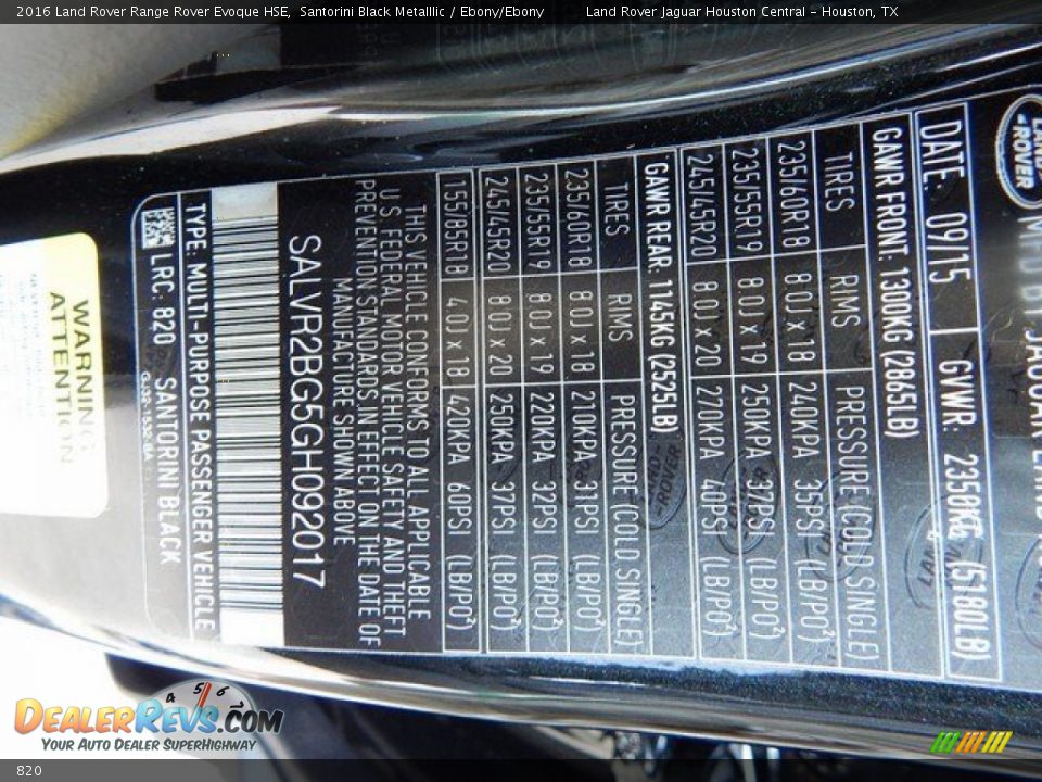 Land Rover Color Code 820 Santorini Black Metalllic