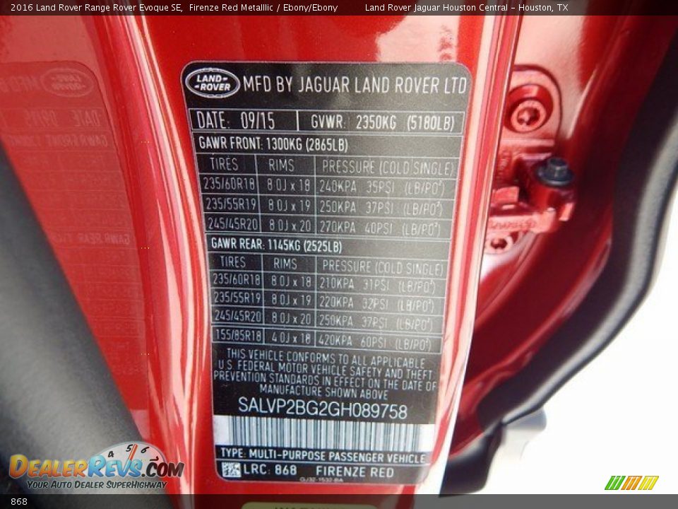 Land Rover Color Code 868 Firenze Red Metalllic