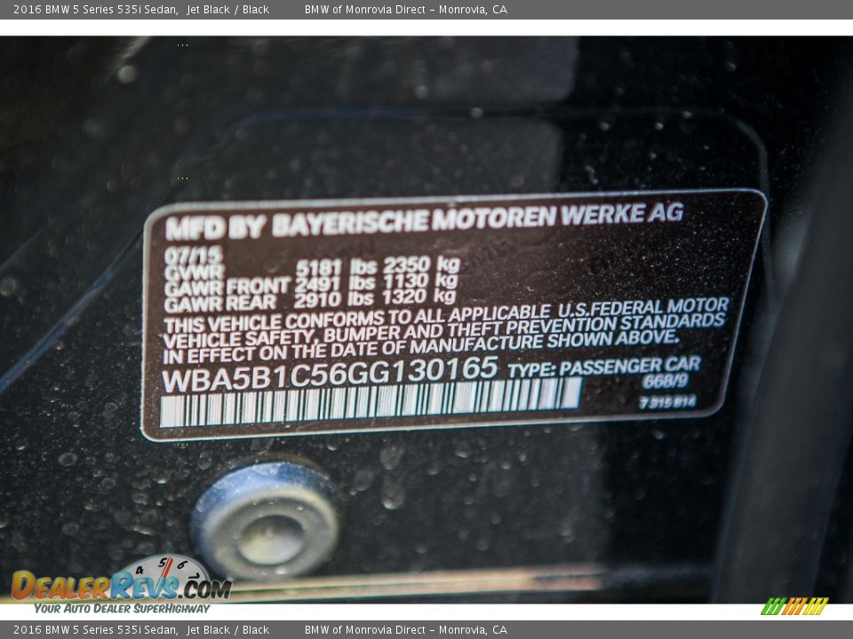 2016 BMW 5 Series 535i Sedan Jet Black / Black Photo #7