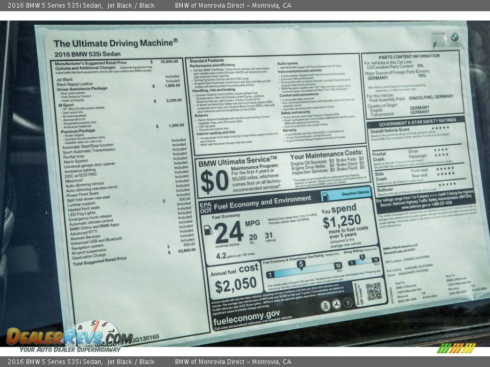 2016 BMW 5 Series 535i Sedan Jet Black / Black Photo #11