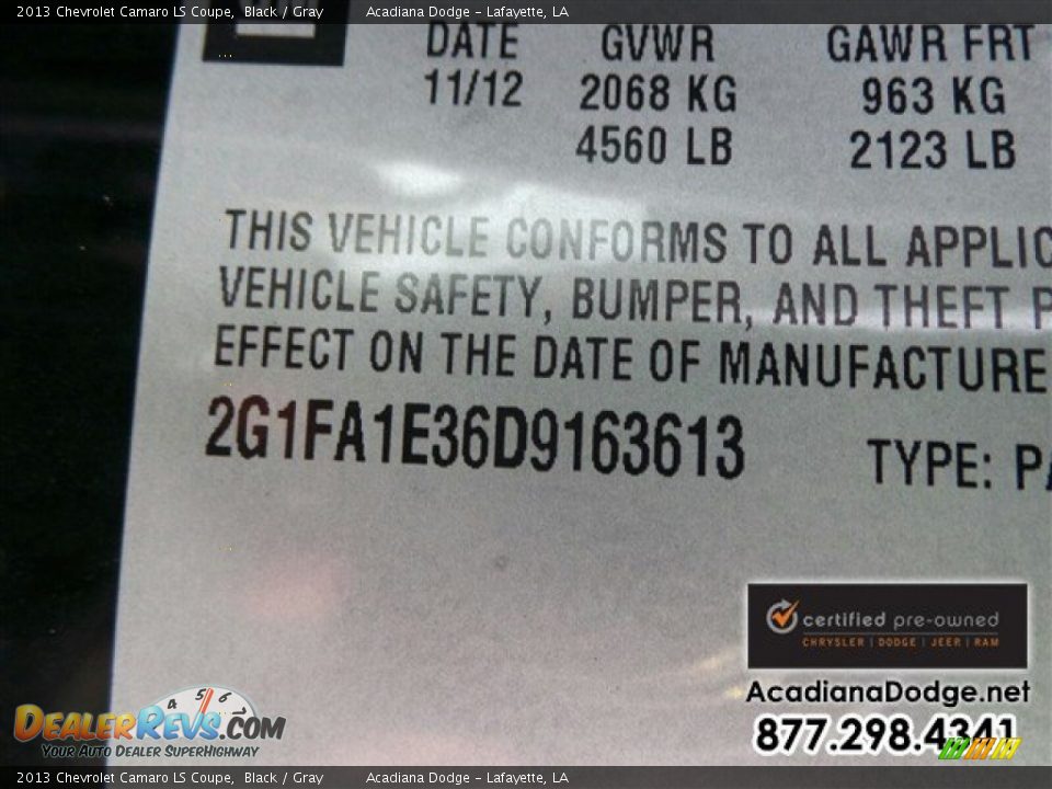 2013 Chevrolet Camaro LS Coupe Black / Gray Photo #15