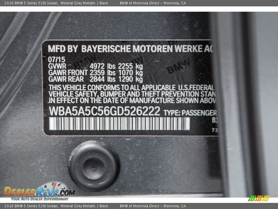 2016 BMW 5 Series 528i Sedan Mineral Grey Metallic / Black Photo #7